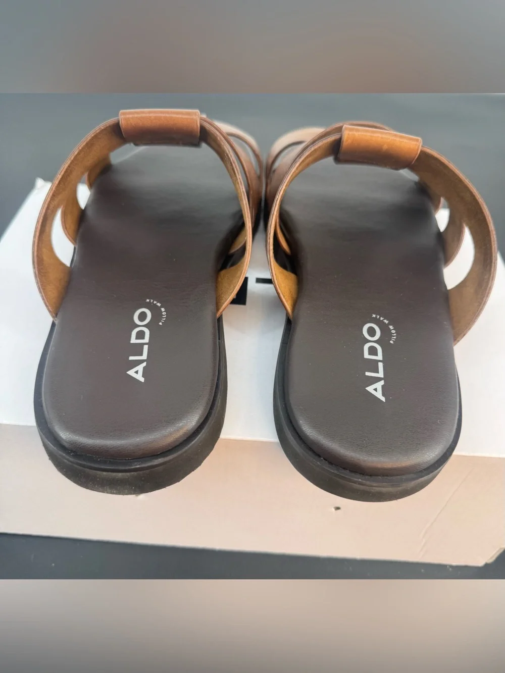 Aldo Men’s Tan Triple-Strap Leather Slide Sandals Size 10